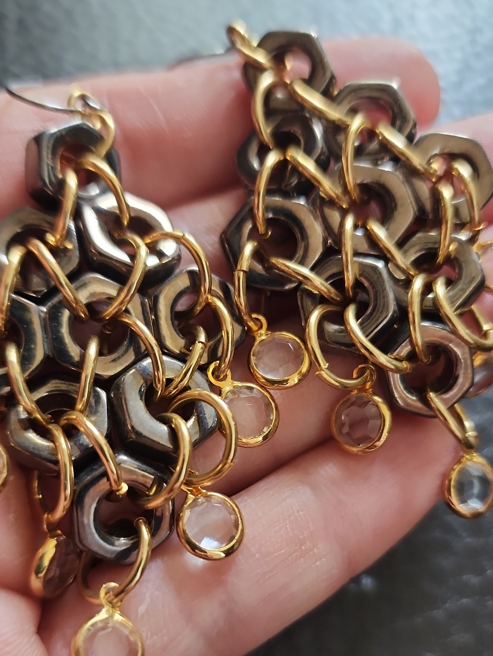 Gold-Tone Chainlink Drop Earrings with Clear Crystal Accents